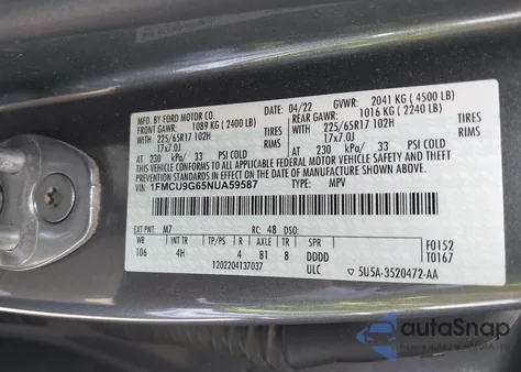 2022 Ford Escape Se из США, поврежденный, VIN 1FMCU9G65NUA59587